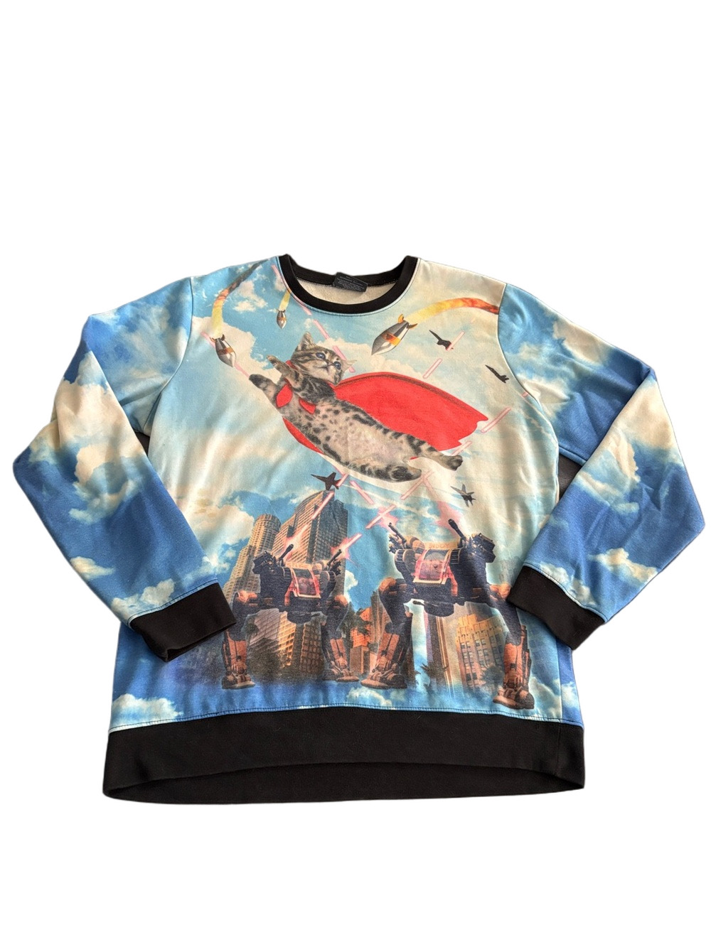 Fifth Sun Superhero Cat Graphic Pullover Sweatshirt Size L